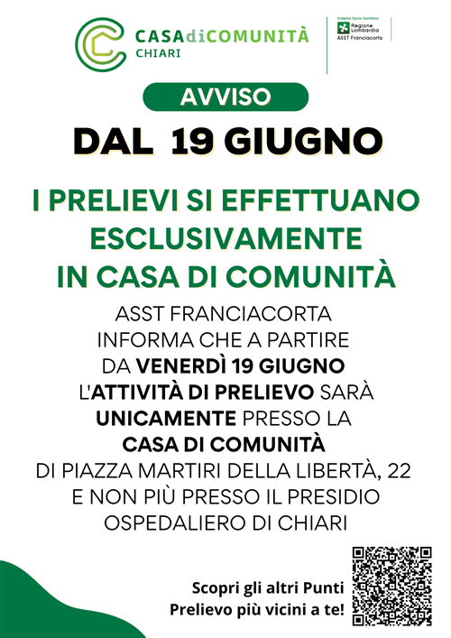 ASST Franciacorta: Avviso spostamento Punti Prelievi Chiari