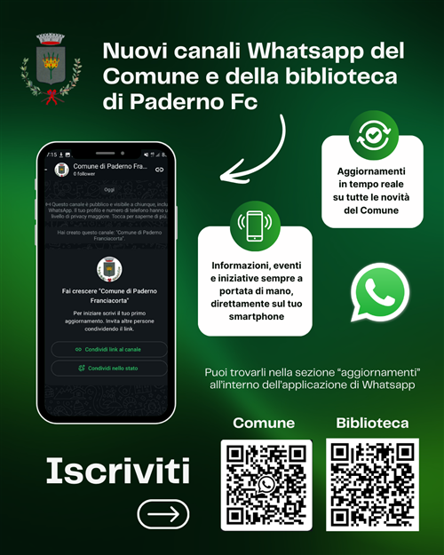 Nuovi canali whatsapp del Comune e della biblioteca di Paderno Franciacorta