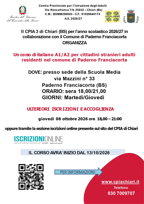 Corso di lingua italiana A1/A2 per cittadini stranieri adulti â€“ A.S. 2026/2027