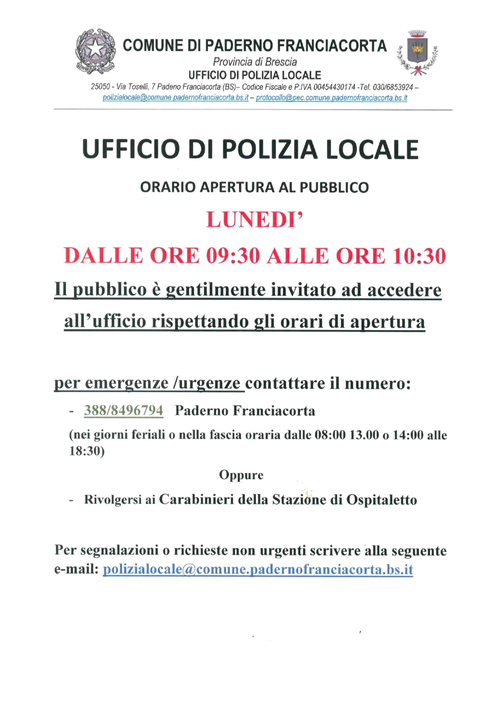 Orari apertura al pubblico - Ufficio Polizia Locale